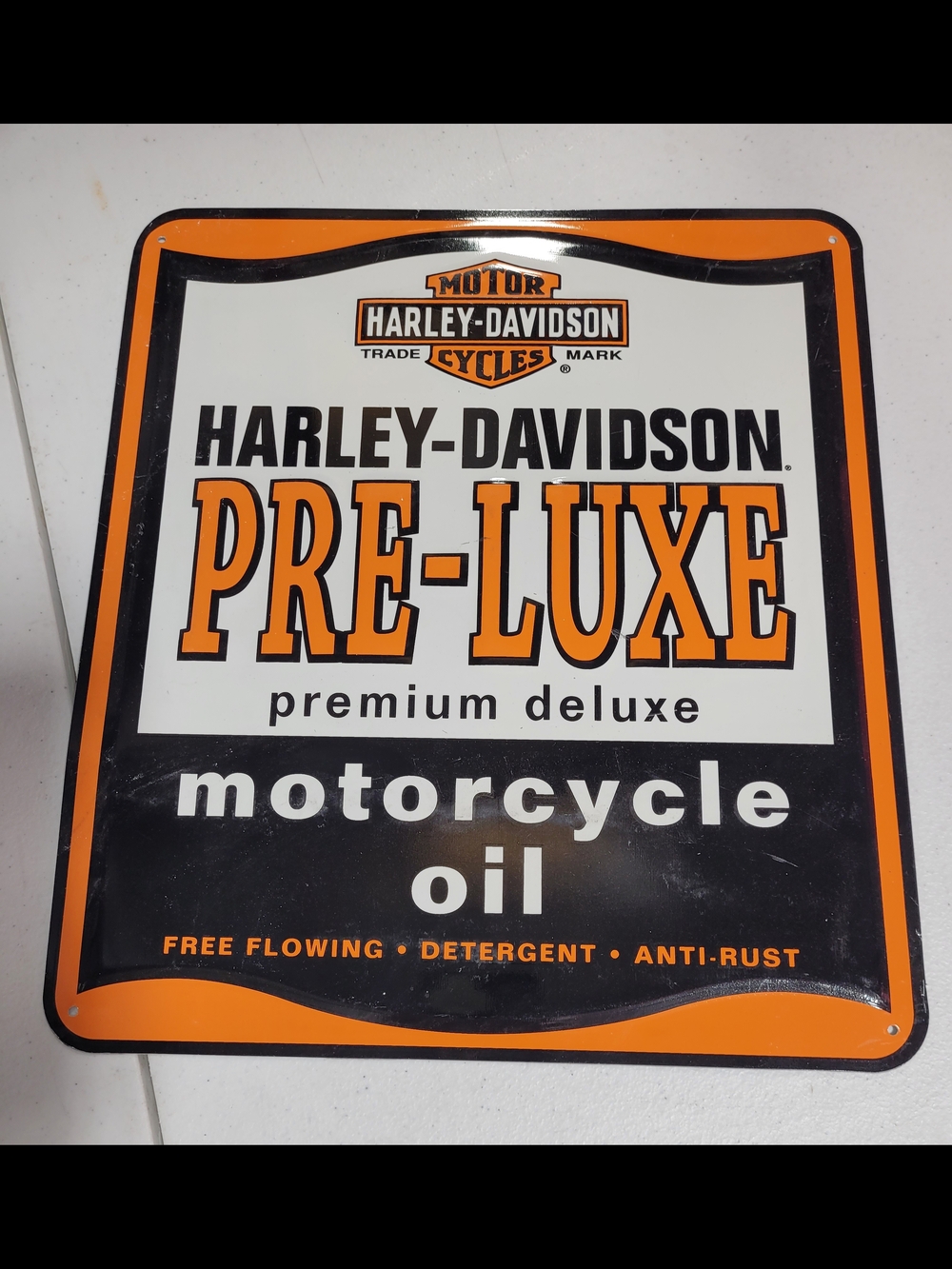 Harley-Davidson PRE-LUXE Motorcycle Oil Metal Sign - Orange & Black
